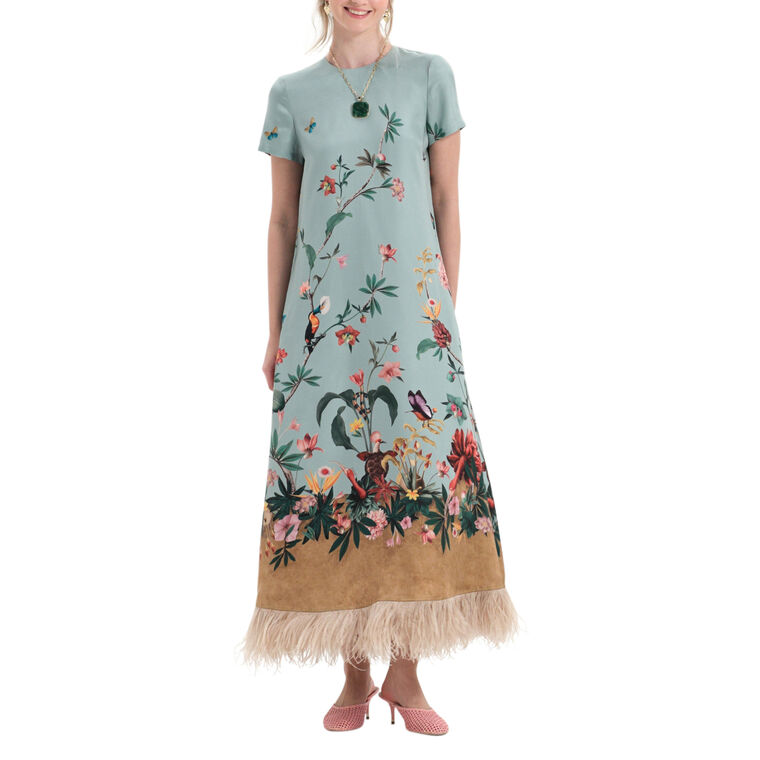 Short Sleeve Maxi Swing Dress With Feathers image number null
