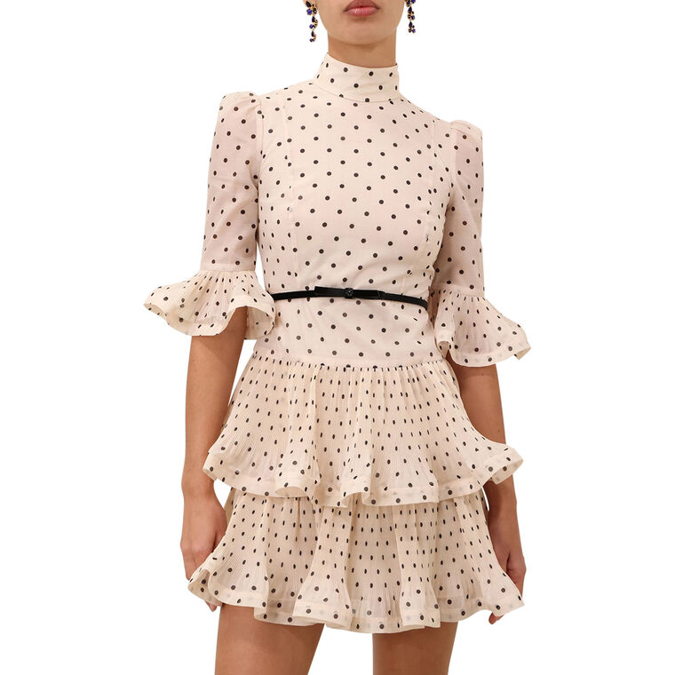 Pleated Sleeved Belted Polka Dot Mini Dress image number null