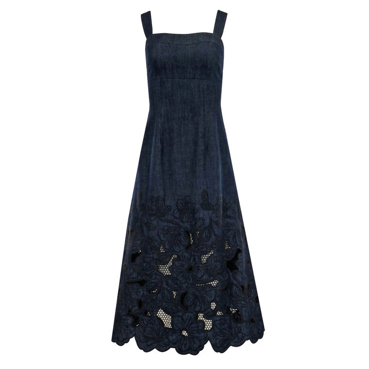 Rosaura Floral-Embroidered Denim Midi Dress image number null