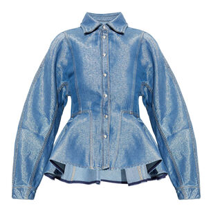 Long Sleeve Shiny Weft Denim Peplum Shirt