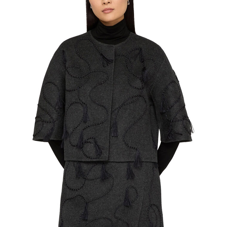 Hand Embroidered Tassel Detail Jewel Neck Jacket image number null