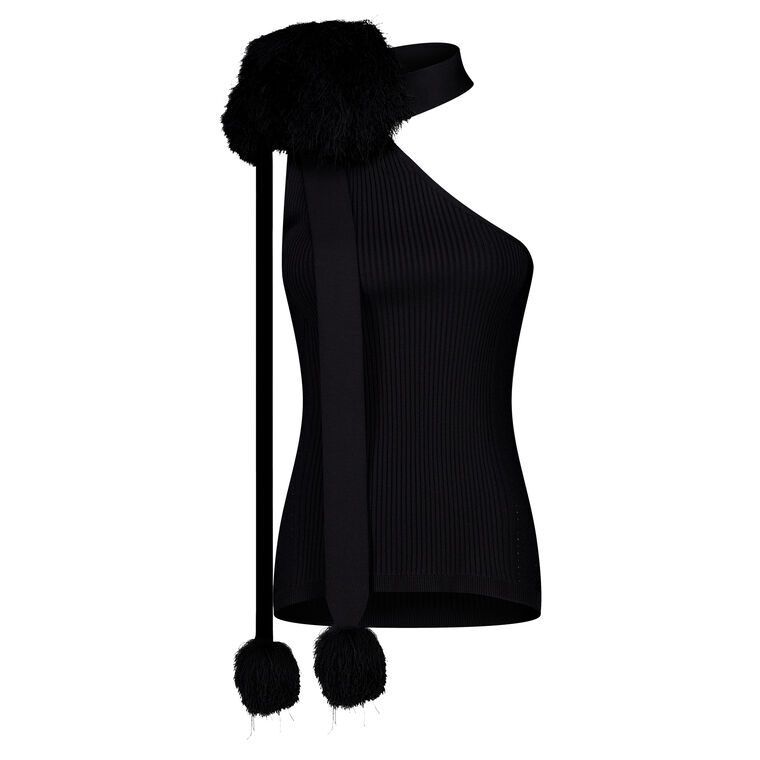 Sleeveless One Shoulder Pompom Scarf Tank Top image number null