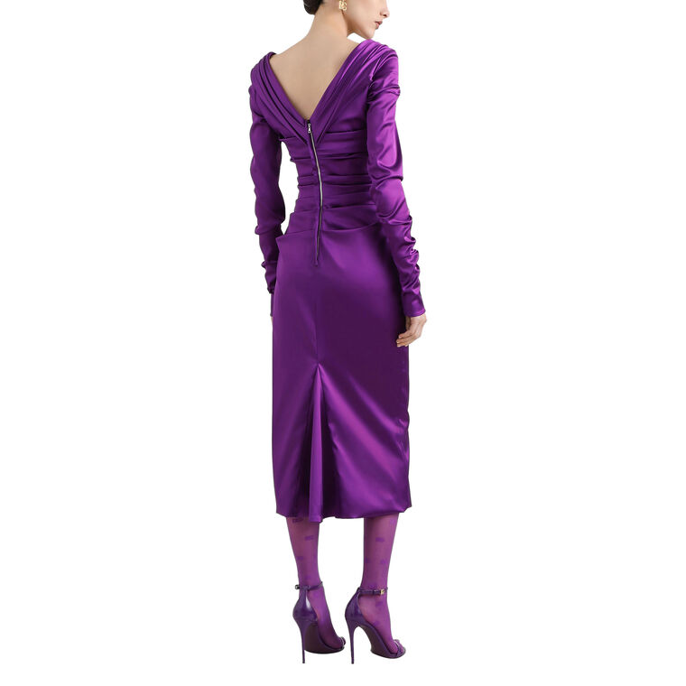 Long Sleeve Stretch Satin Ruched Midi Dress image number null
