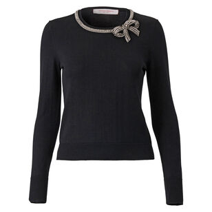 Crystal-Embroidered Long Sleeve Crew Neck Sweater