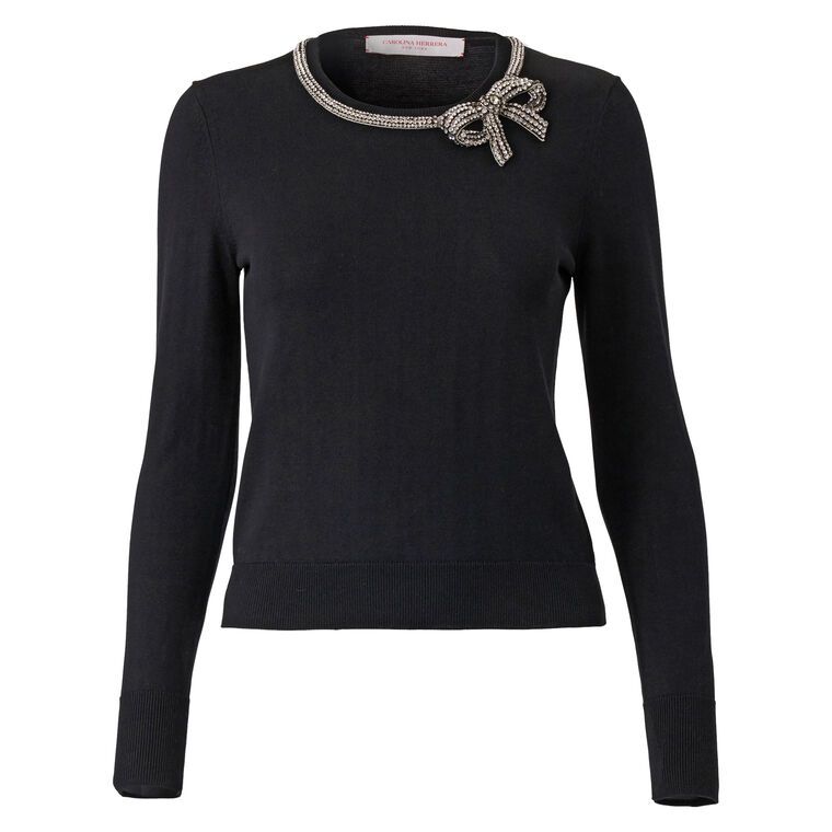 Crystal-Embroidered Long Sleeve Crew Neck Sweater image number null
