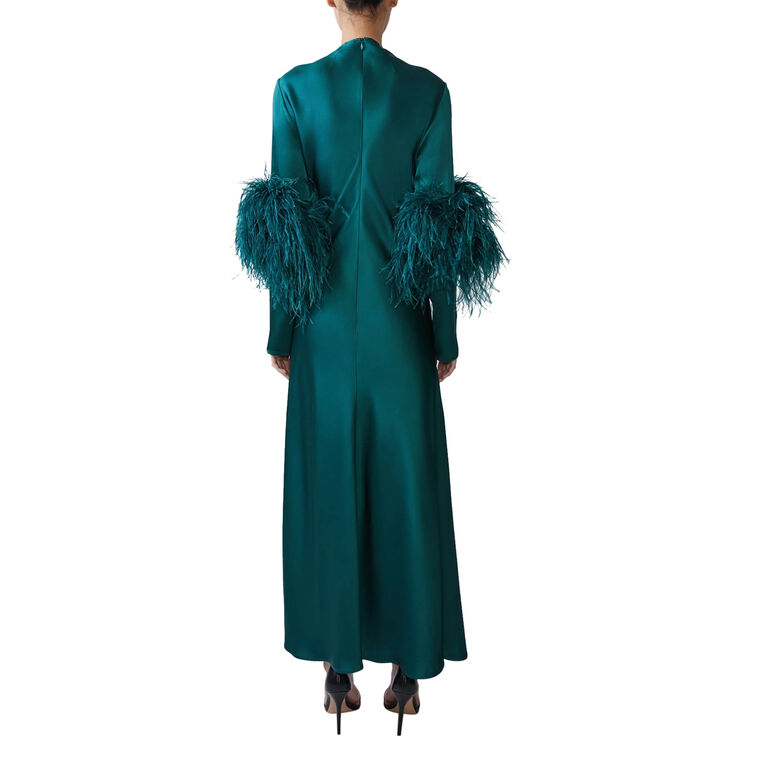 Satin Draped Neck Bias Dress With Feathers image number null