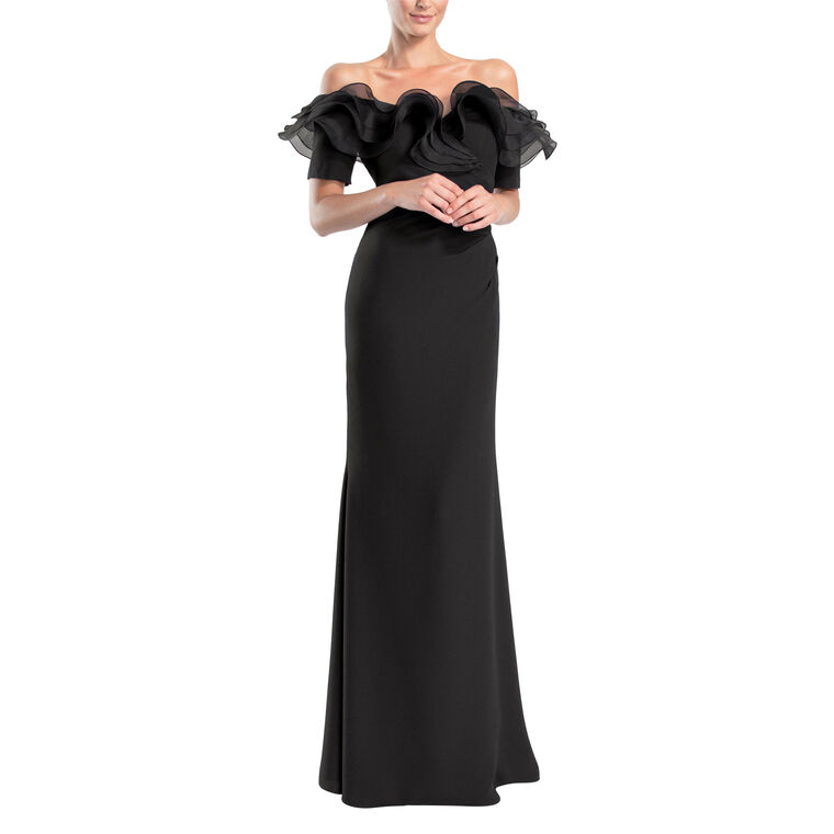 Ruffled Off Shoulder Crepe Gown image number null