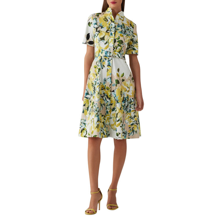 Short Sleeve Stand Collar Belted Cotton Mini Dress image number null