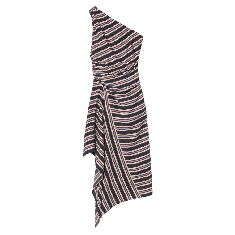 Lyn Striped Linen One-Shoulder Midi Dress image number null