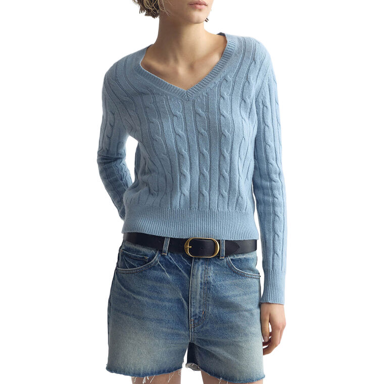 Camelia Long Sleeve V-Neck Cable Stitch Cashmere Sweater image number null