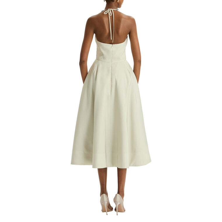 Halter Neck Porcelain Flowers Faille Cocktail Midi Dress image number null