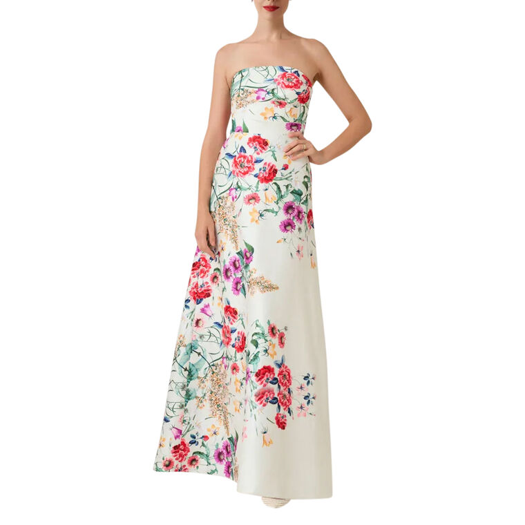 Mikado Floral Print Strapless Gown image number null