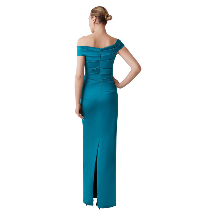 Satin Ruched Asymmetrical Off-The-Shoulder Column Gown image number null