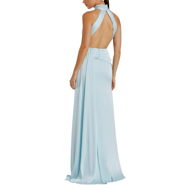 Open Back High Neck Side Ruched Front Slit Gown image number null