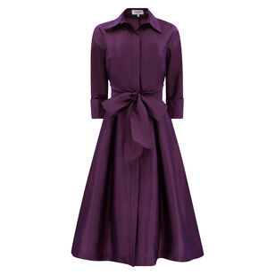 3/4 Sleeve Belted Taffeta Shirt Dress