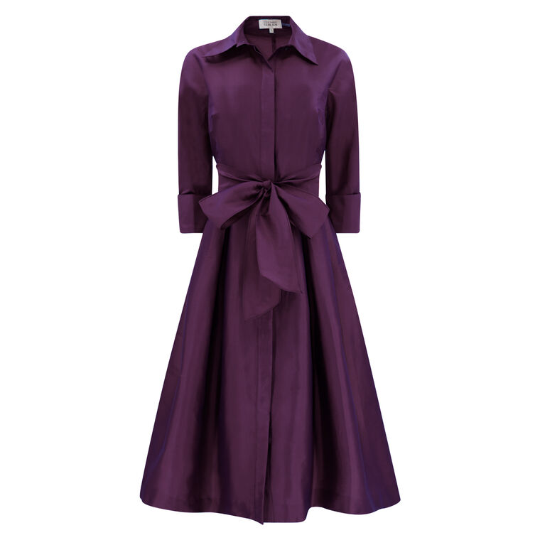 3/4 Sleeve Belted Taffeta Shirt Dress image number null