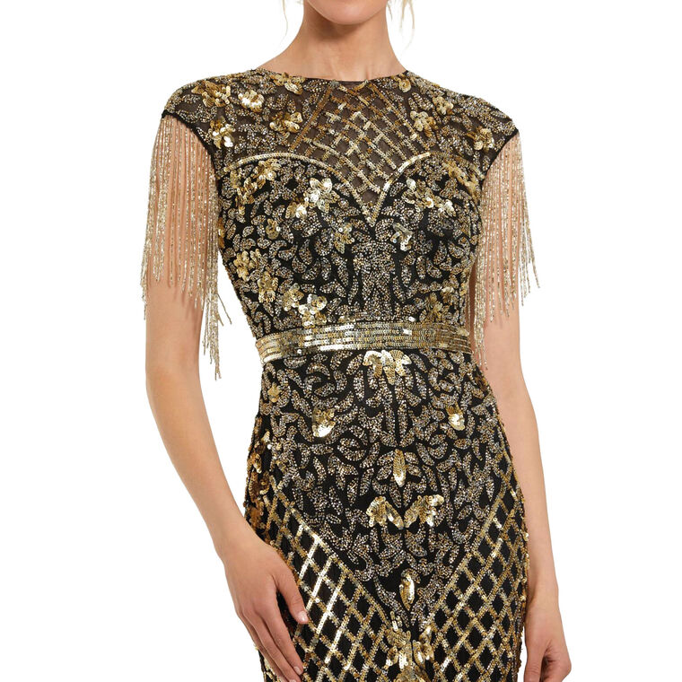 High Neck Sleeveless Beaded Fringe Fitted Gown image number null