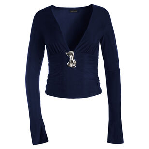 Plunging V-Neck Flared Sleeve Top With Brooch Detail