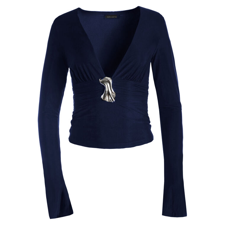 Plunging V-Neck Flared Sleeve Top With Brooch Detail image number null