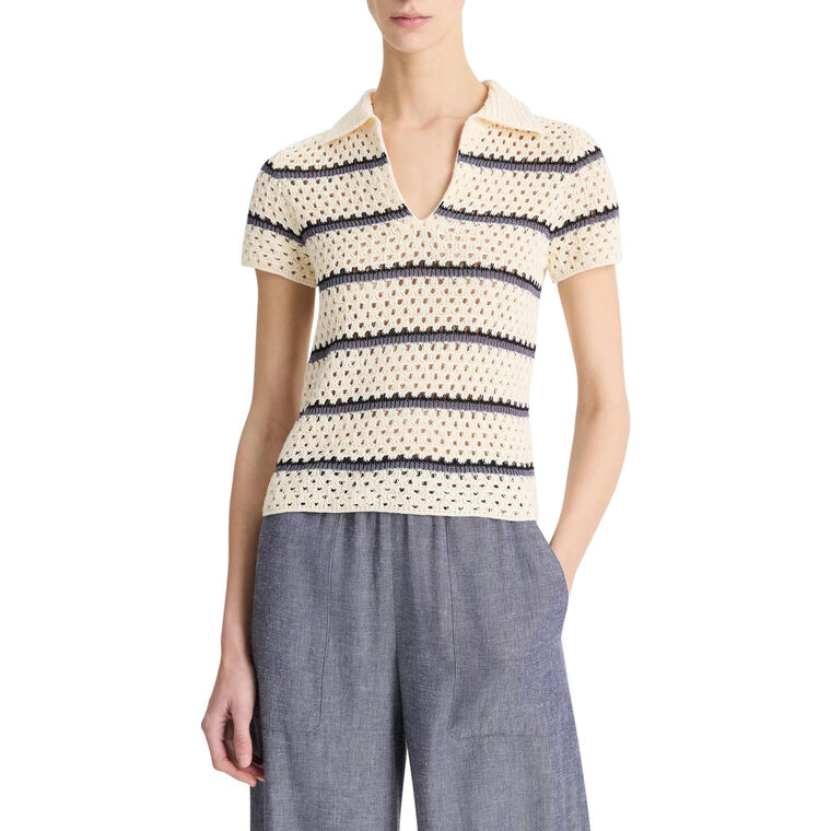 Short Sleeve Striped Cotton Polo Sweater image number null