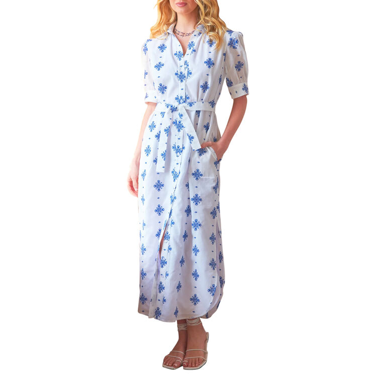 Meredith Short Sleeve Belted Embroidered Midi Dress image number null