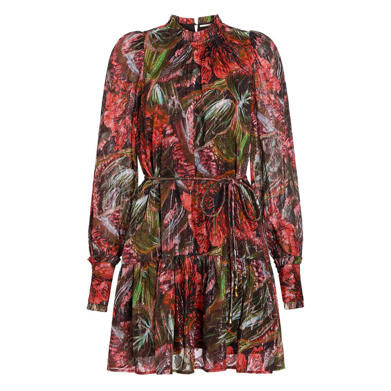 Irena Long Sleeve Printed Metallic Silk Mini Dress image number null