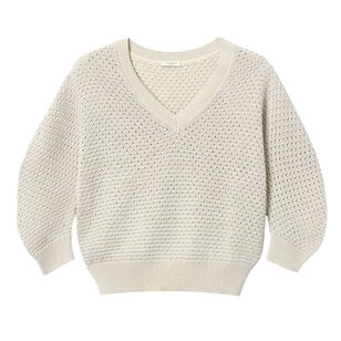 Cotton-Sequin Silk V-Neck Rounded Sleeve Sweater