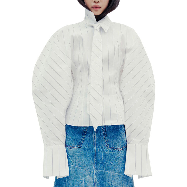 Puff Sleeve Button-Up Shirt With Tie image number null