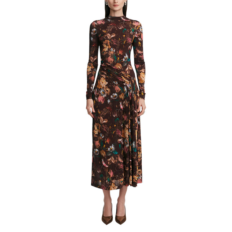 Floral Printed Jersey Long Sleeve Draped Front Dress image number null