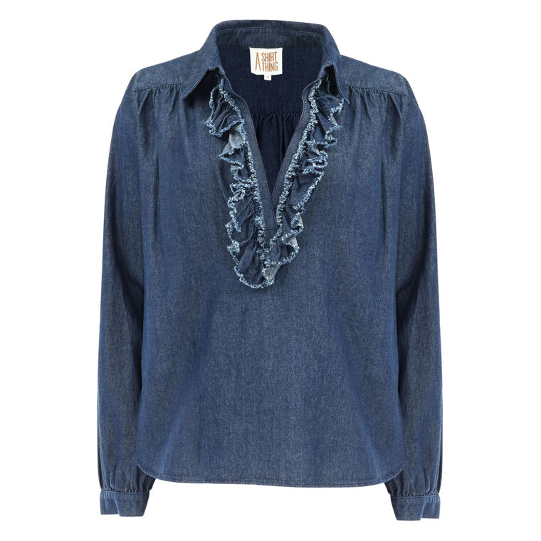 Celine Long Sleeve Ruffle Front Denim Shirt image number null