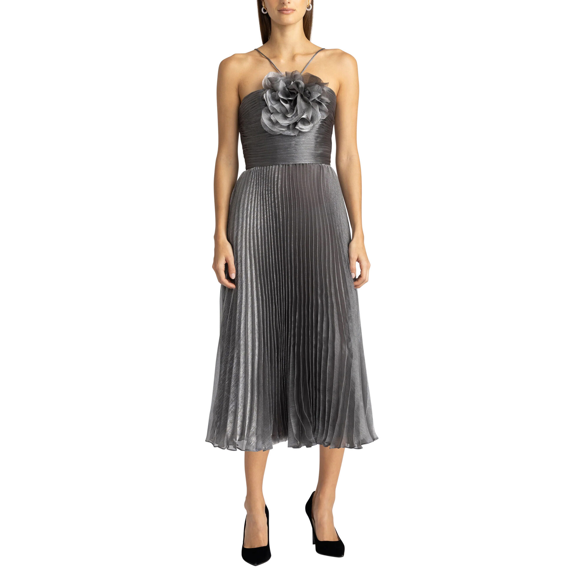 Pleated Midi Dress With Flower