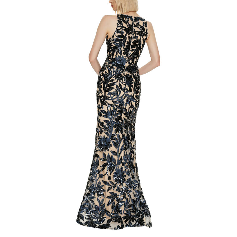 Floral Sequin Embroidered Halter Tulle Gown image number null