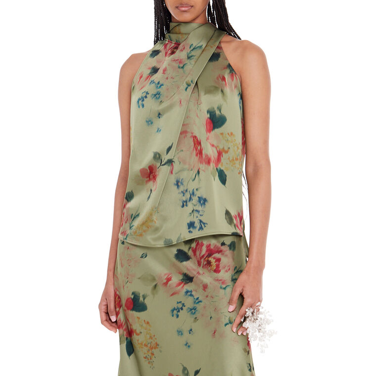 Maxi Sleeveless Floral Satin Draped Blouse image number null