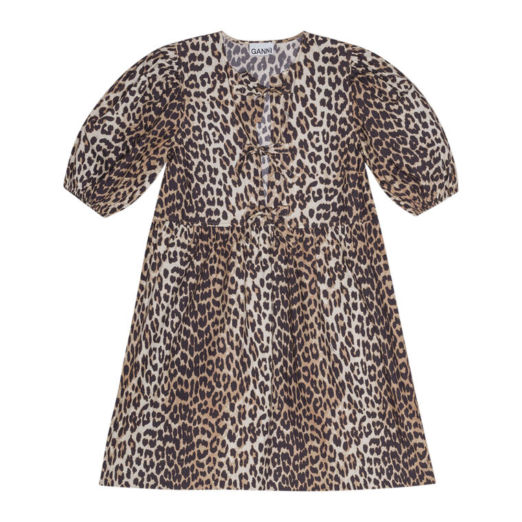 Leopard Cotton Tie String Short Sleeve Mini Dress image number null