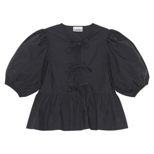 Short Sleeve Cotton Poplin Peplum Tie Blouse