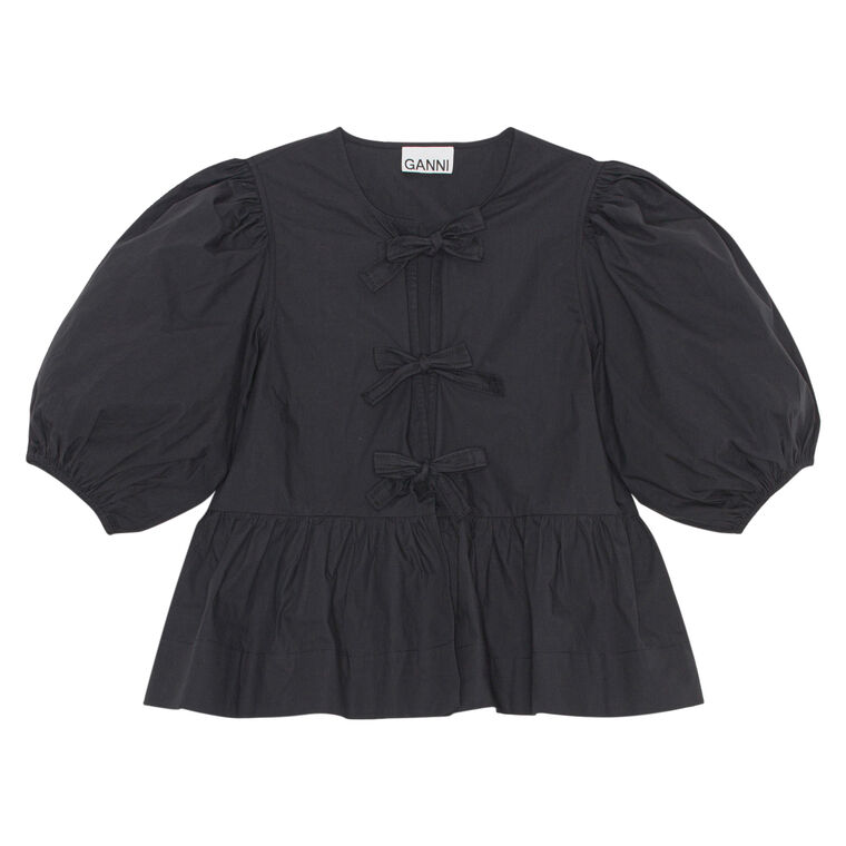 Short Sleeve Cotton Poplin Peplum Tie Blouse image number null