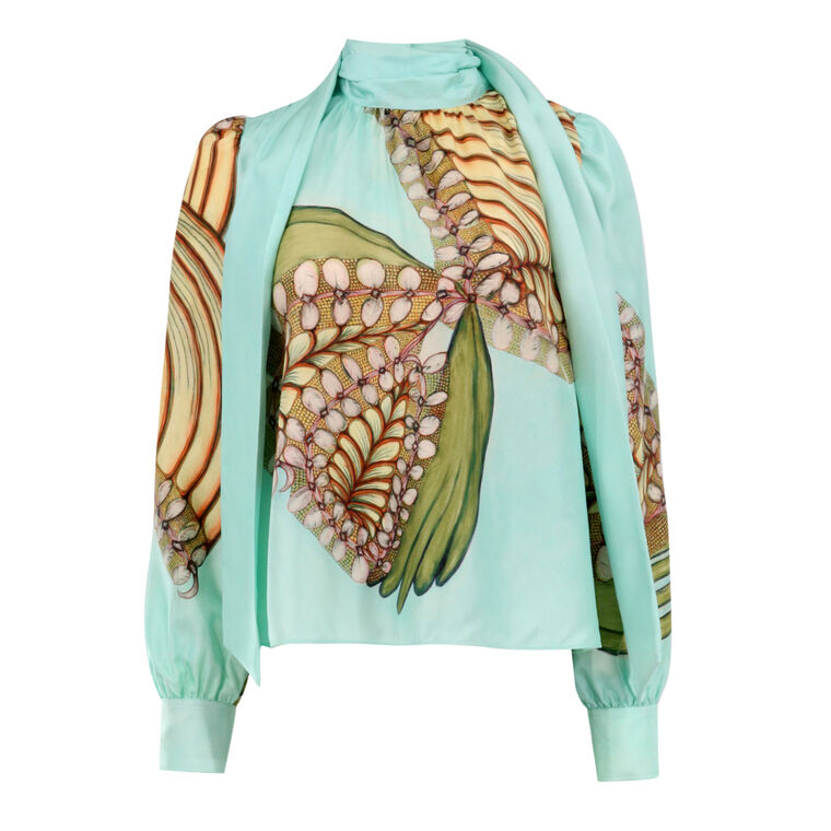 Ornament Silk Tie-Neck Blouse image number null