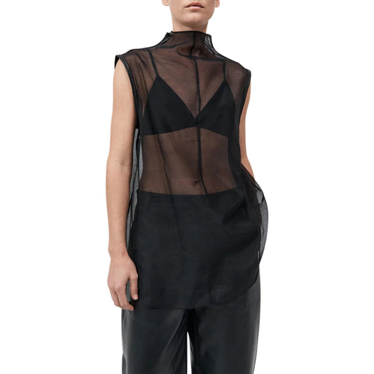 Sheer Silk Leather Trim Sleeveless Top image number null