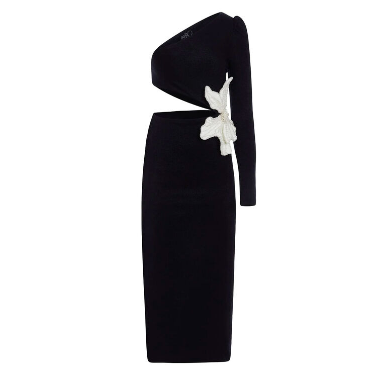 One Shoulder Flower Applique Midi Dress image number null