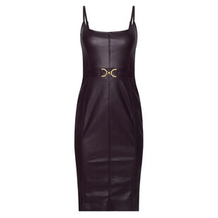 Halia Buckle Sleeveless Vegan Leather Midi Dress