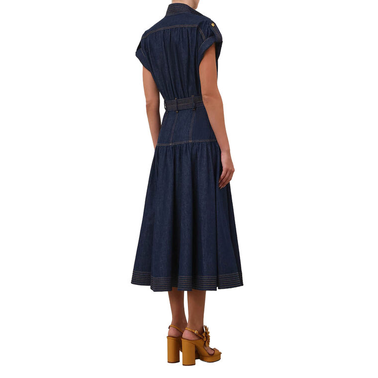 Short Sleeve Belted Denim Midi Dress image number null