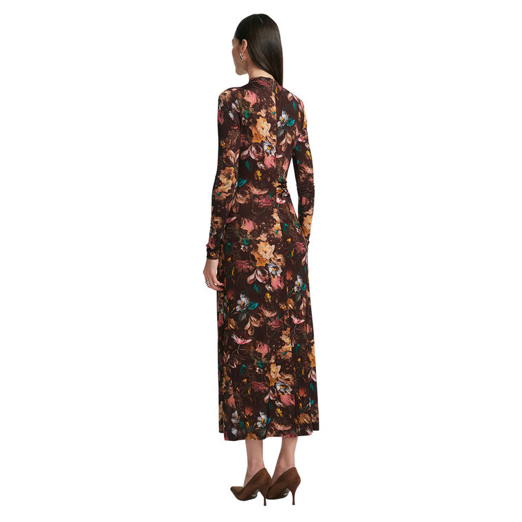 Floral Printed Jersey Long Sleeve Draped Front Dress image number null