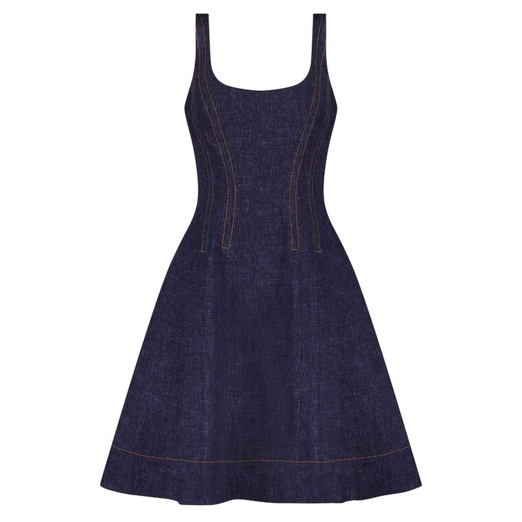 Sleeveless Stretch Denim Seamed Mini Dress image number null