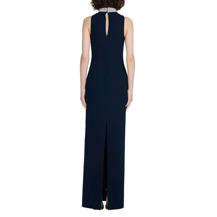 Sleeveless Braided Crystal Mock Neck Stretch Crepe Gown image number null