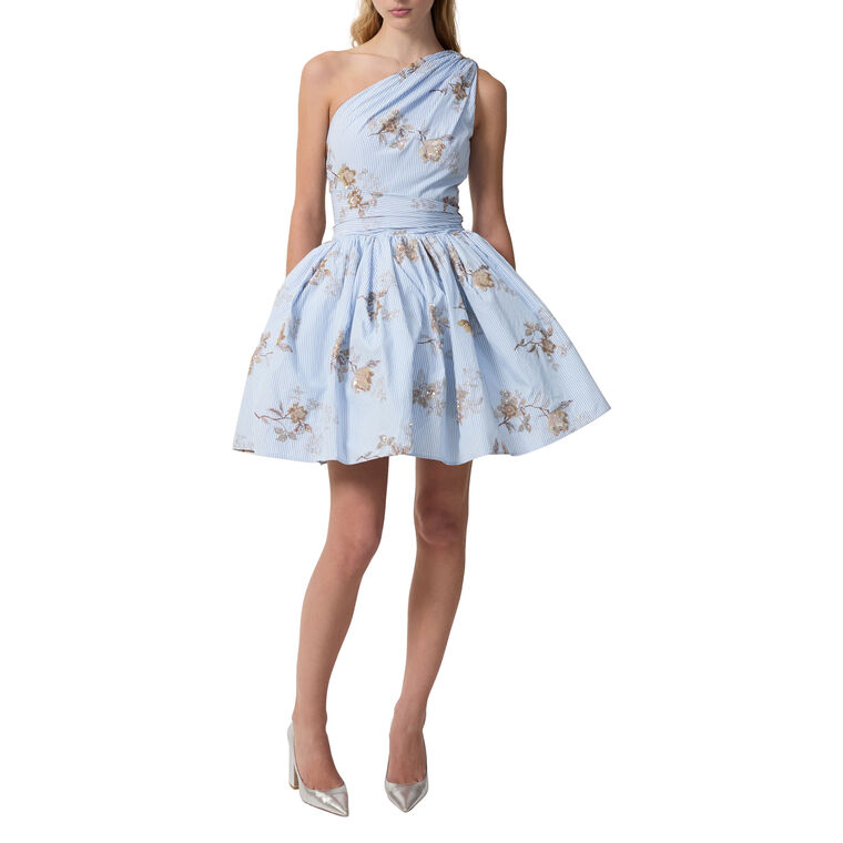 Paula One-Shoulder Floral-Embroidered Striped Poplin Mini Dress image number null