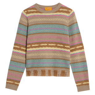 Western Stripe Long Sleeve Crewneck Sweater With Fringe Hem