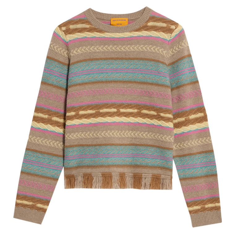 Western Stripe Long Sleeve Crewneck Sweater With Fringe Hem image number null