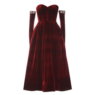 Velvet Strapless Midi Dress With Gloves