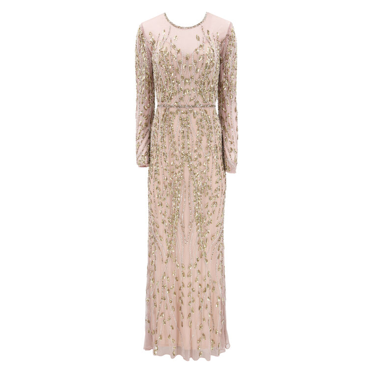 Embellished Illusion High Neck Long Sleeve Gown image number null