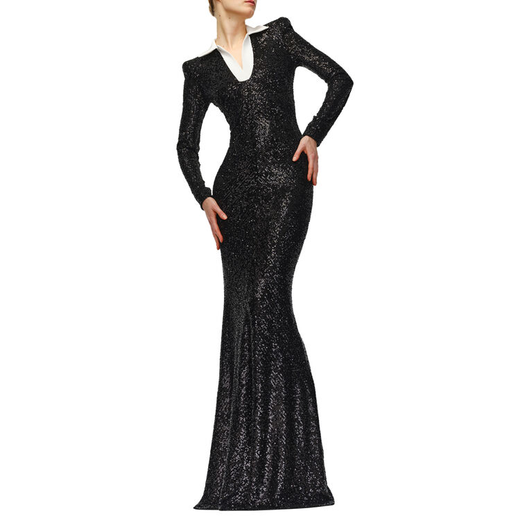 Stretch Sequin Long Sleeve Collared Gown image number null